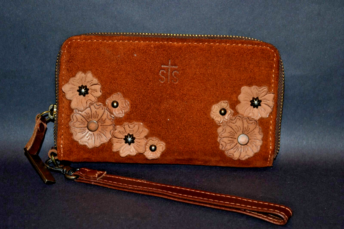 STS Ranch Sheridan Flower Brown Leather Wristlet Zip-Around Wallet