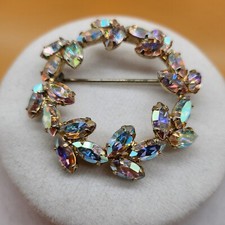 Vintage Iridescent Rhinestone Floral Wreath Round Shape Brooch/Pin