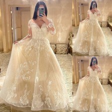 Vintage Long Sleeves Wedding Dresses Deep V Neck A Line Lace Bridal Gowns