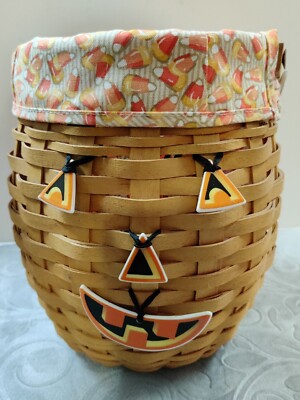 Longaberger 2000 October Fields Basket with Fabric Candy Corn Liner + 4 charms