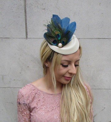 Navy \u0026 Light Blue Feather Pillbox Hat 