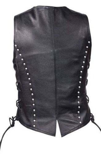 Women Bikers Style Waistcoat Real Black Leather Vest with Garment BUST 48" - Picture 3 of 4