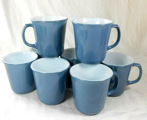 Vtg Set of 8 PYREX Corning Ware Coffee Tea Cup  Blue /White Glass #23 Mug (s)