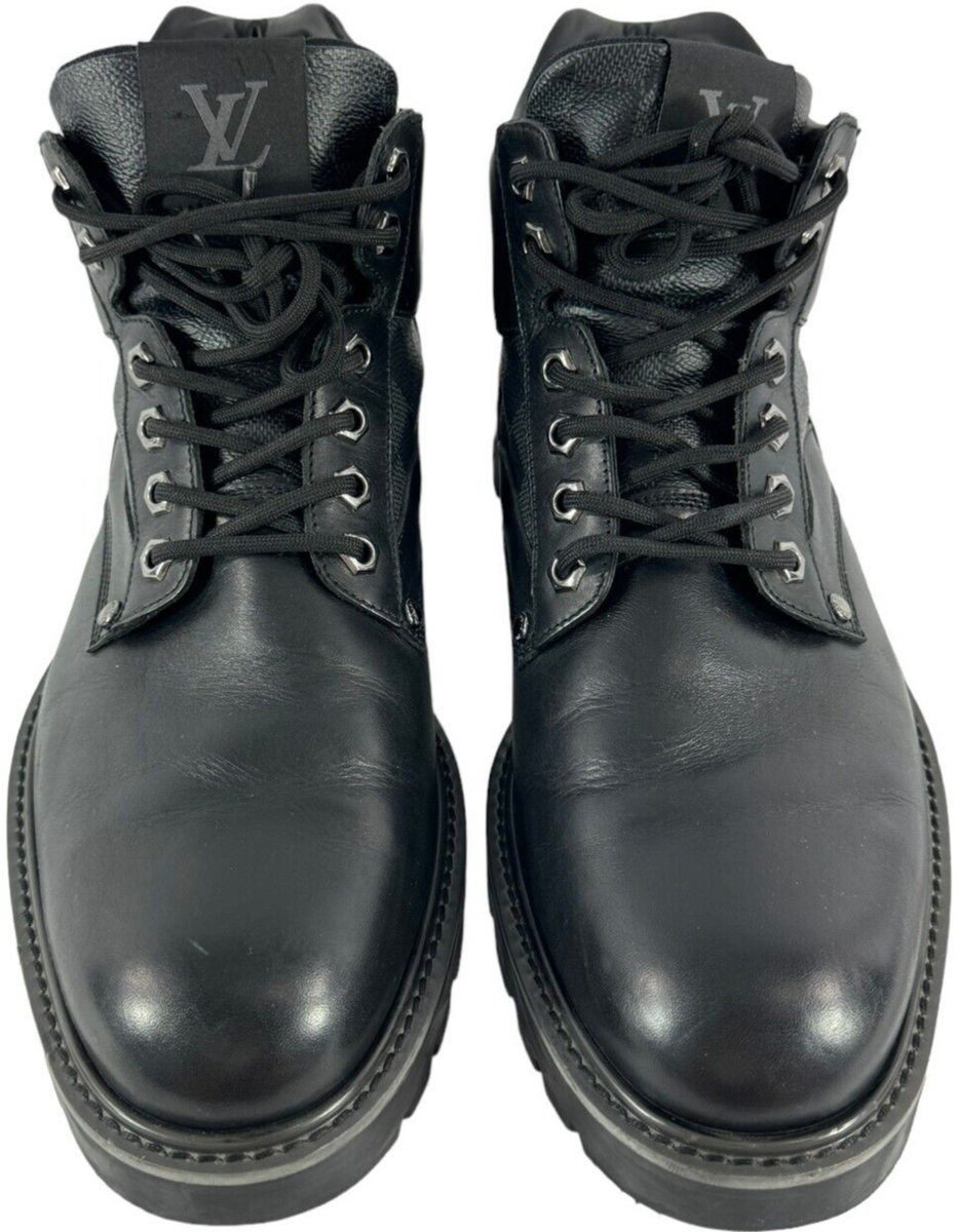 LOUIS VUITTON Black Leather Oberkampf Damier Ebene Men's Ankle