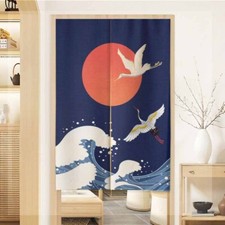 Japanese Big Wave Cranes Red Sun Noren Doorway Curtain Restaurant Kitchen Room