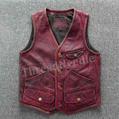 Men's Motorcycle Vintage Style Burgundy Red Biker Real Leather Vest