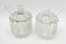 Vintage Salt Cellar Pressed Glass Lidded Salt Cellar an Spoon Lot of Two