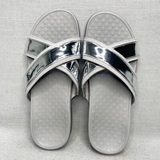 Vionic Womens 9 Merced Sandals Shoes Silver Cross Strap Slide Orthotic Comfort