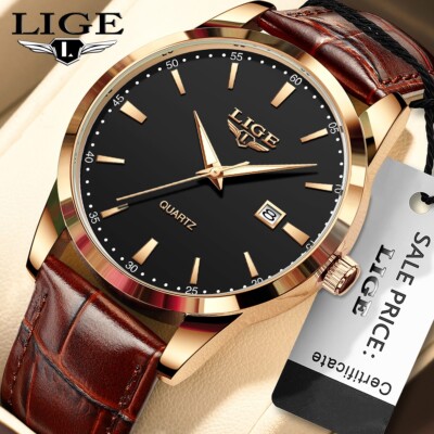 LIGE Men Watch Waterproof Quartz Date Luminous Business Leather Wrist Watches