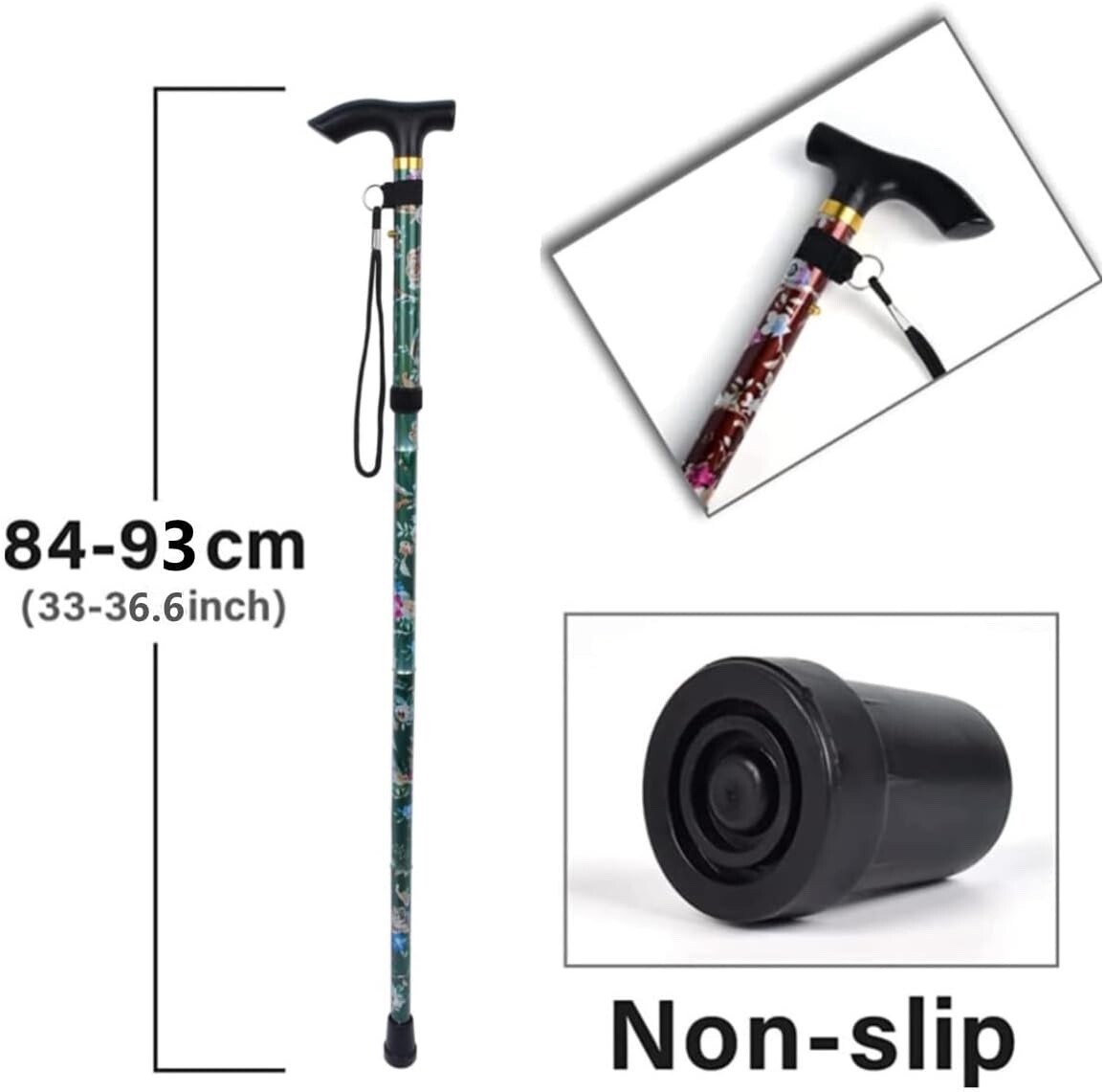 Bâton de marche réglable en aluminium robuste avec imprimé floral vert chic