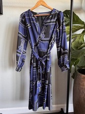 Ann Taylor Blue Black V-Neck Tie Front Long Sleeve Midi Dress Size S