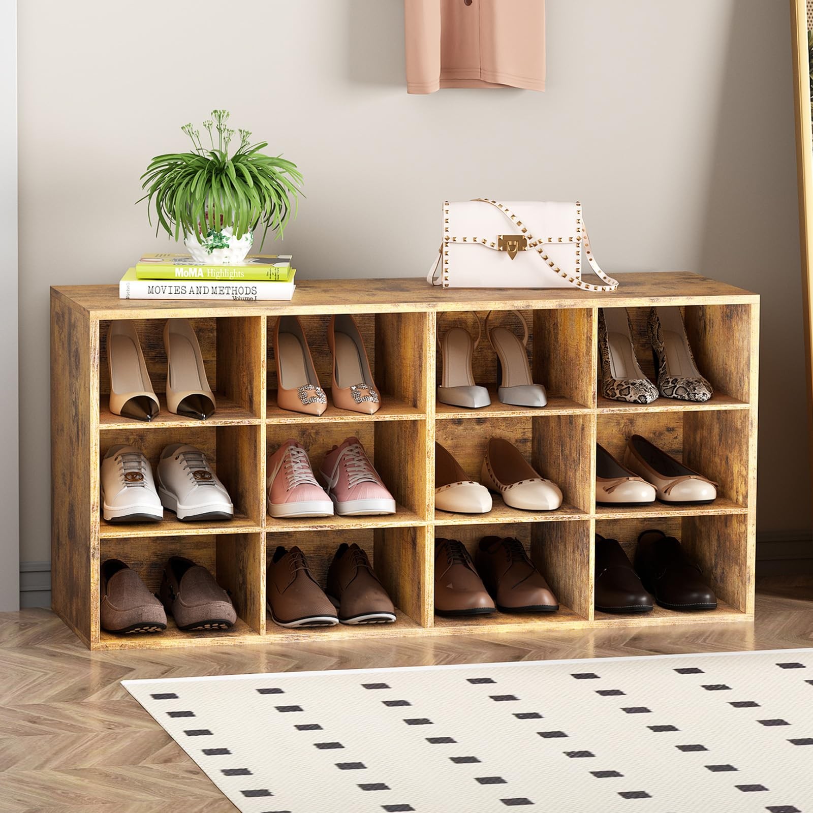 3-Tier Wooden Shoe Storage Bench with 12 Cubbies