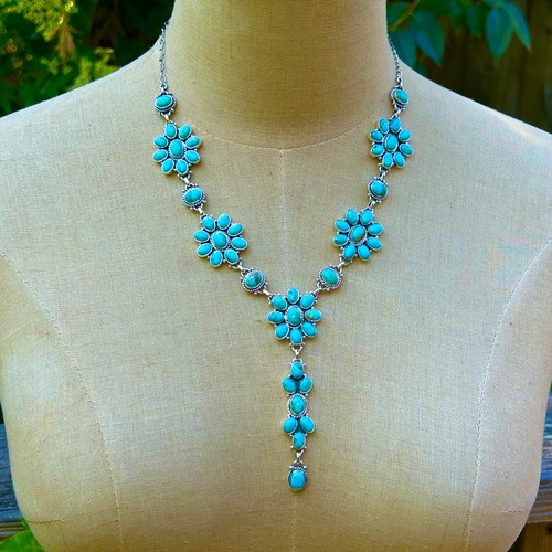Kingman Turquoise Lariat Necklace | Sterling Silver Arizona Turquoise | Bridal 