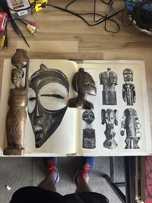 Pair of African Tribal Hand-Carved Wooden Figurines + Art Book  Vintage Folk Art