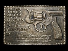 MH19141 NOS VINTAGE 1970s POLISH ARMED GUARD MARKSMAN SOLID BRASS BUCKLE