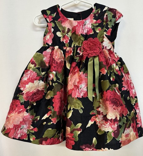 Laura Ashley Girl's 24 Months Dress Black with Pink Flowers Layered Cap Sleeves
