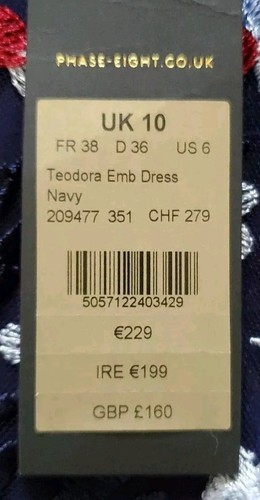 Vestido Teodora FASE OCHO Mujer Reino Unido 10 Azul Marino Rosa Blanco Bordado Detalle Floral - Imagen 15 de 16