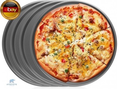 4 Stück Pizza Backblech Set, Pizzablech Rund ø 28 cm, Schwarzes Pizza Blech, H