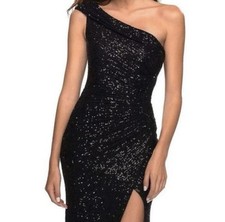 La Femme Black Sequin One Shoulder Foldover Ruched Gown Size 8 EUC