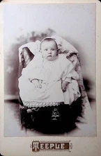 Antique Cabinet Card Photograph Baby in White Gown Sitting on Patterned Chair