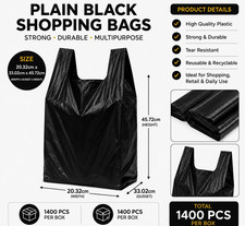 1400x Black Reusable Plastic Vest Carrier Shopping Handle Bags UK 8"x13"x18"