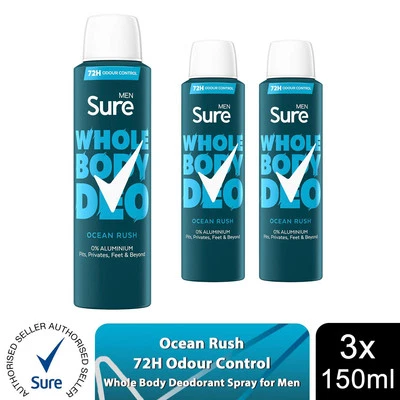 Sure Men Whole Body Deodorant Spray Ocean Rush w/ 72H Odour Control 150ml, 3pk