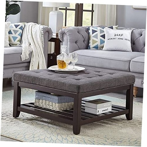 Large Square Upholstered Tufted Linen Ottoman Coffee Table, Large Footrest - Picture 1 of 7
