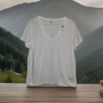 #ad #ad GAP New White V Neck Short Sleeve Ladies T Shirt Women#x27;s Large Top 100% Cotton $11.29