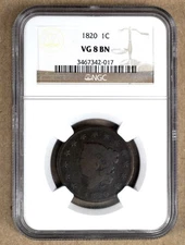 1820 LARGE CENT, SMALL DATE, NGC VG8 BN 342017