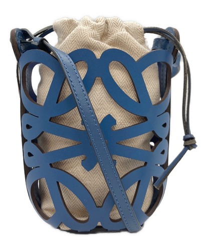 LOEWE Anagram Cut Out Leather Canvas Blue Shoulder Bag Pochette Auth