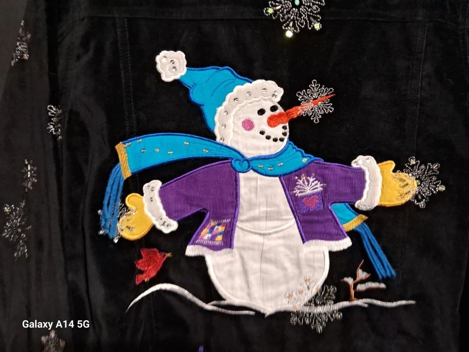 Quacker Factory Women XS Black Cotele Button Front Jacket W/Christmas Design - Image 3 of 4