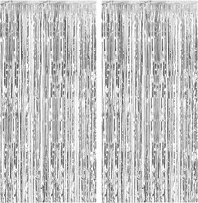 2 Pack Foil Curtain Backdrop Silver Metallic Tinsel Fringe 2 PCS,