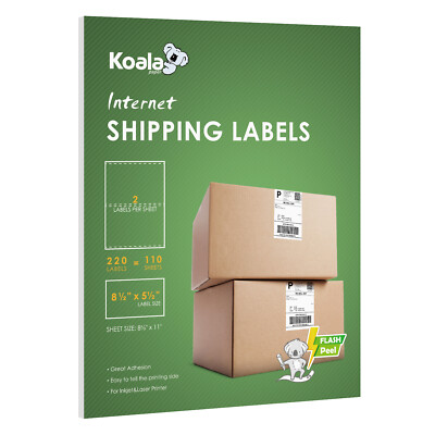 KOALA 220 Shipping Labels Half Sheet 8.5 x 5.5 Self Adhesive 2 Labels Per Sheet