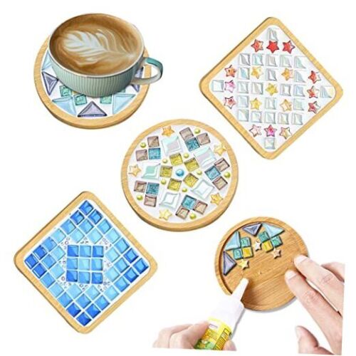 4 Sets DIY Glass Mosaic Tiles for Crafts,Mixed Color Mosaic Kits with Wooden
