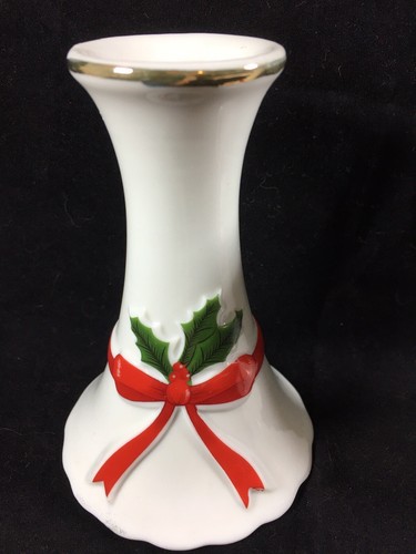 2 Porcelain Candle Holders Ribbon and HollyBerry Japan Vintage 4.5" - Picture 2 of 8