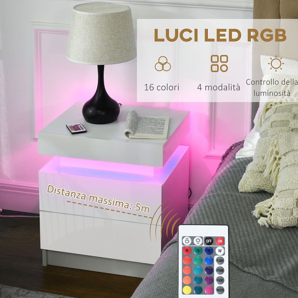 Modern Wooden Finish with Drawers Lift Bedside Table Nightstand RGB LED