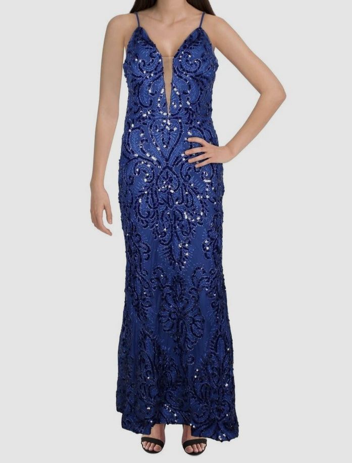 Betsy Adam Women's Blue Nina Sequin Illusion V-Neck Dress Size