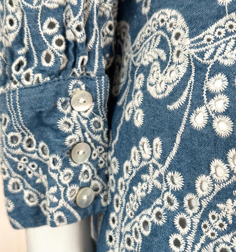 ZARA Ivy Embroidered Eyelet Shirt Dress Size M Chambray Blue White Button Down - Picture 11 of 14