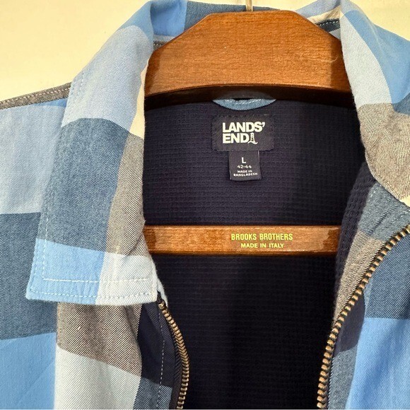 Lands End Mens Large 42 44 Blue Flannel Plaid Thermal Lined Shirt