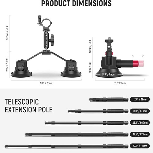Triple Suction Cup Car Mount Kit with 2In1 Extension Pole/Selfie Stick, Quick Re - 第 4/8 張圖片