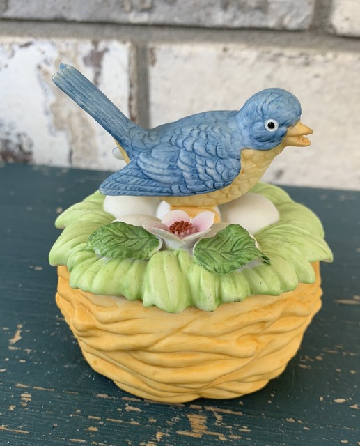 Lefton Hand Painted Bisque Porcelain Bird on Eggs in Nest Trinket Box