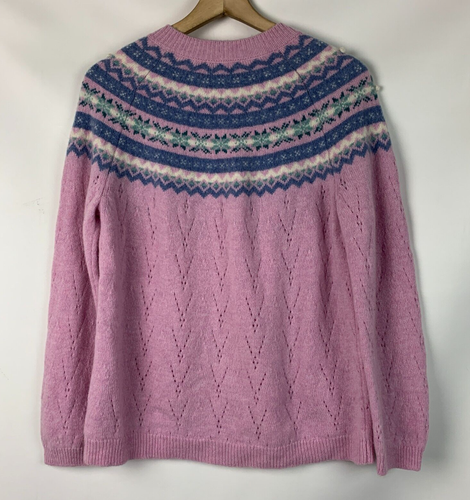 Appleseed's Pink Cardigan Blue/Ivory Multi Round Neck Buttons Long Sleeve Sz PM - Picture 2 of 7