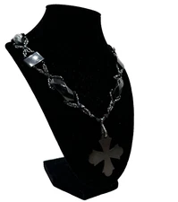 ANTIQUE MID VICTORIAN 19c WHITBY JET GOTHIC HOLY CROSS 2" LNG NECKLACE HOOK CLSP