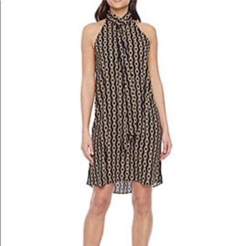 Worthington Dress Black Gold Link Print Halter Neck Knee Length Pockets XXL