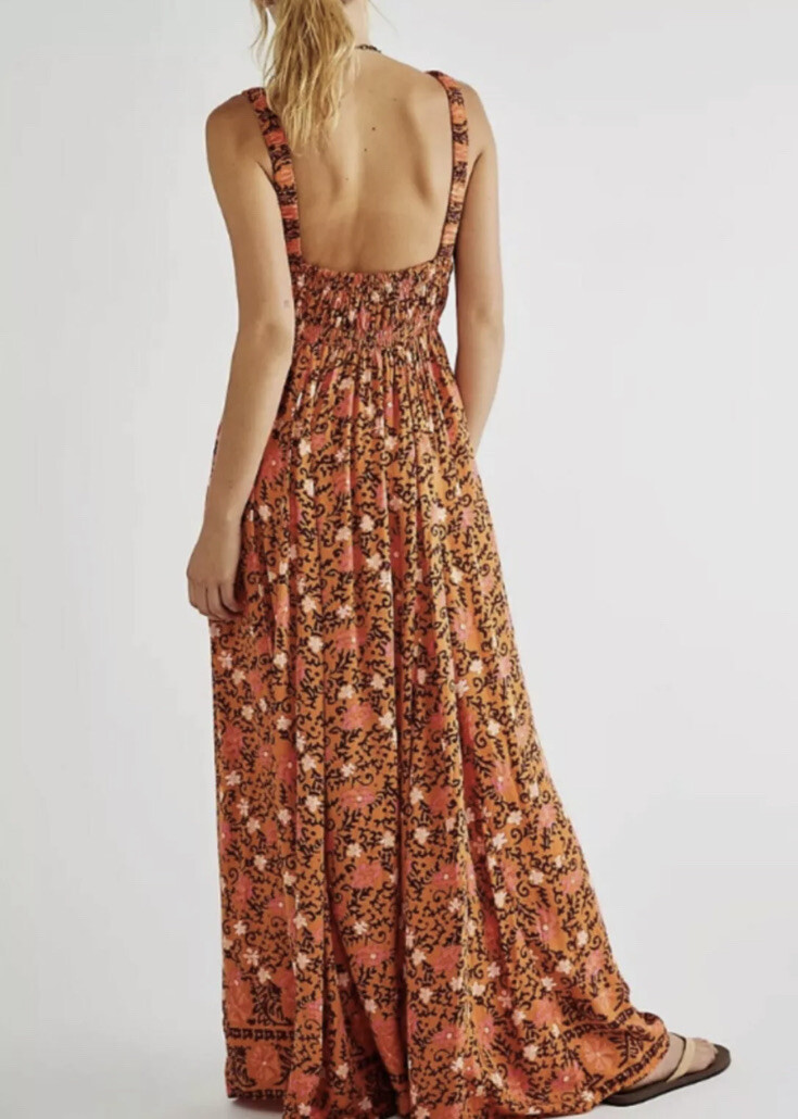 strapless open back dress Women Orange Georgette Floral Printed Tiered Dress Indian Fusion Dress M / Orange