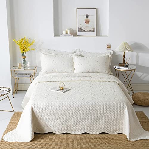 Cream White Quilt Set Size Vintage Comforter Set Matelasse Queen White Flora - Picture 7 of 7