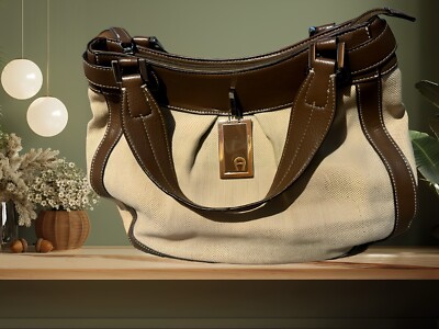Aigner Tasche Umhängetasche Beige Leder Leinen Henkeltasche