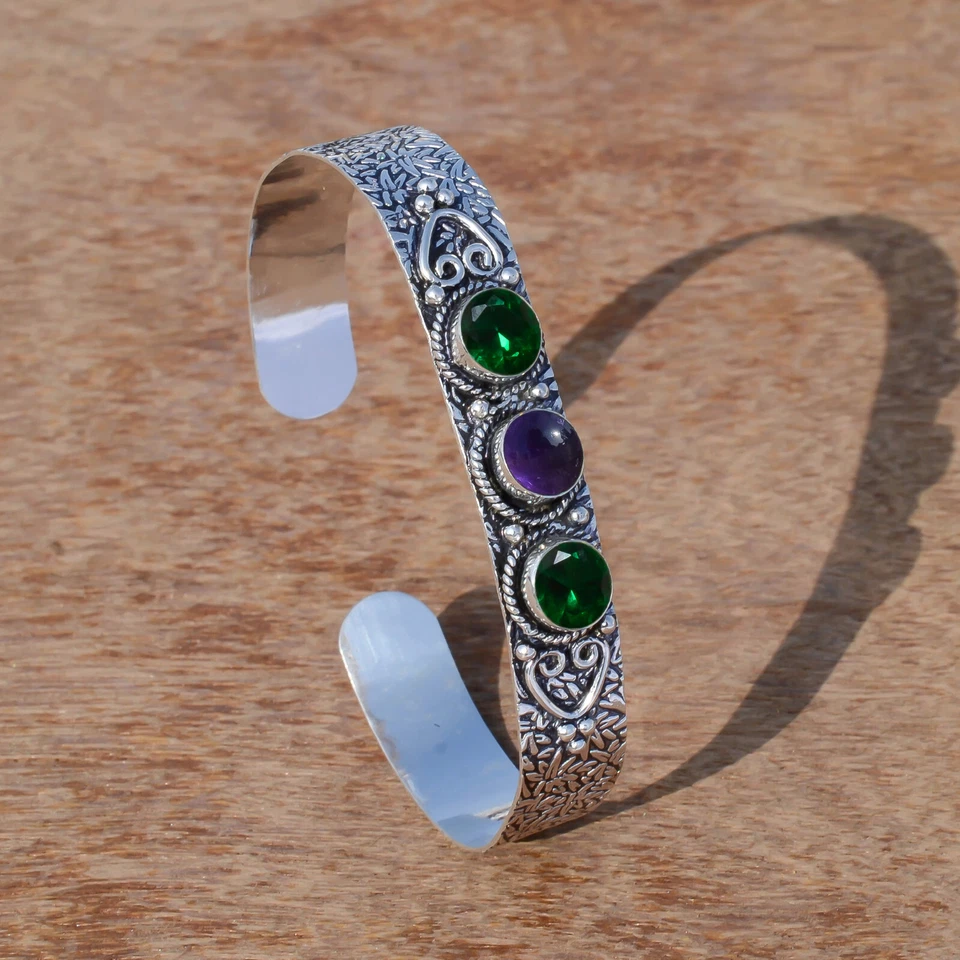Браслет-манжета из стерлингового серебра 925 пробы с хромированным диопсидом и аметистом для девочек - Изображение 4 из 4