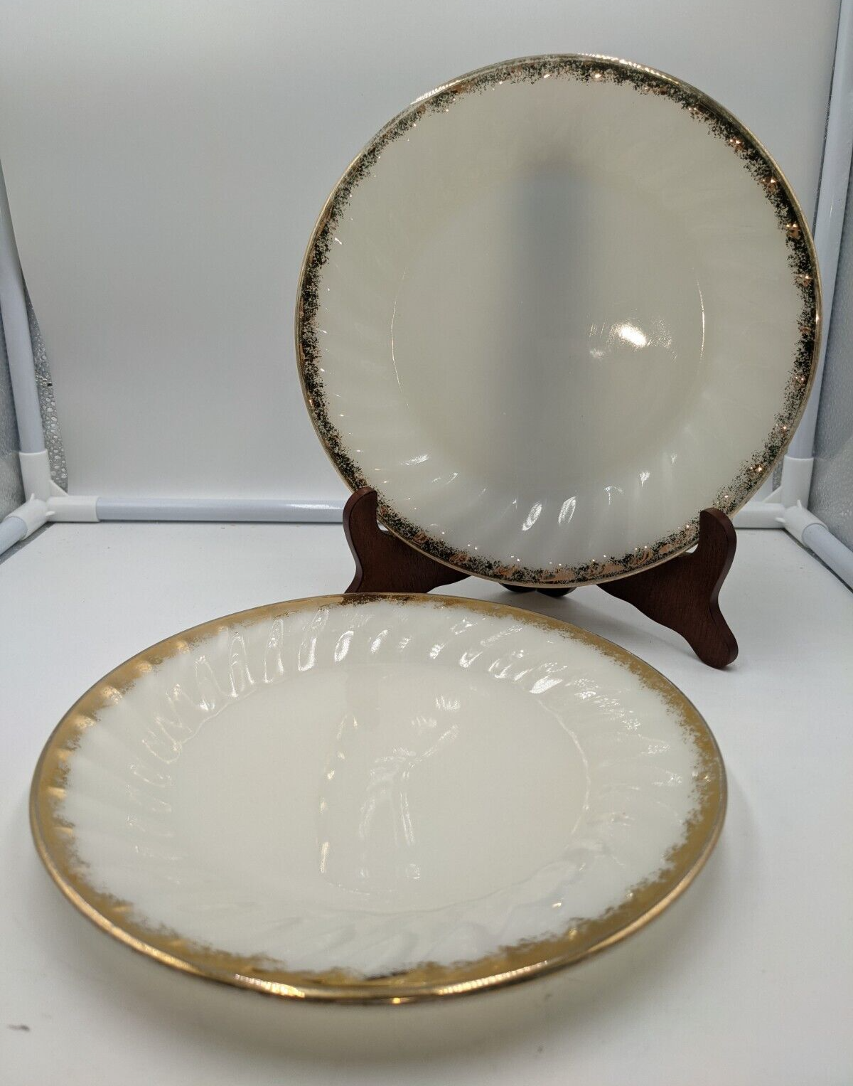 Vintage Fire King Suburbia Swirl Salad Plates Milk Glass Gold Trim Set of 2