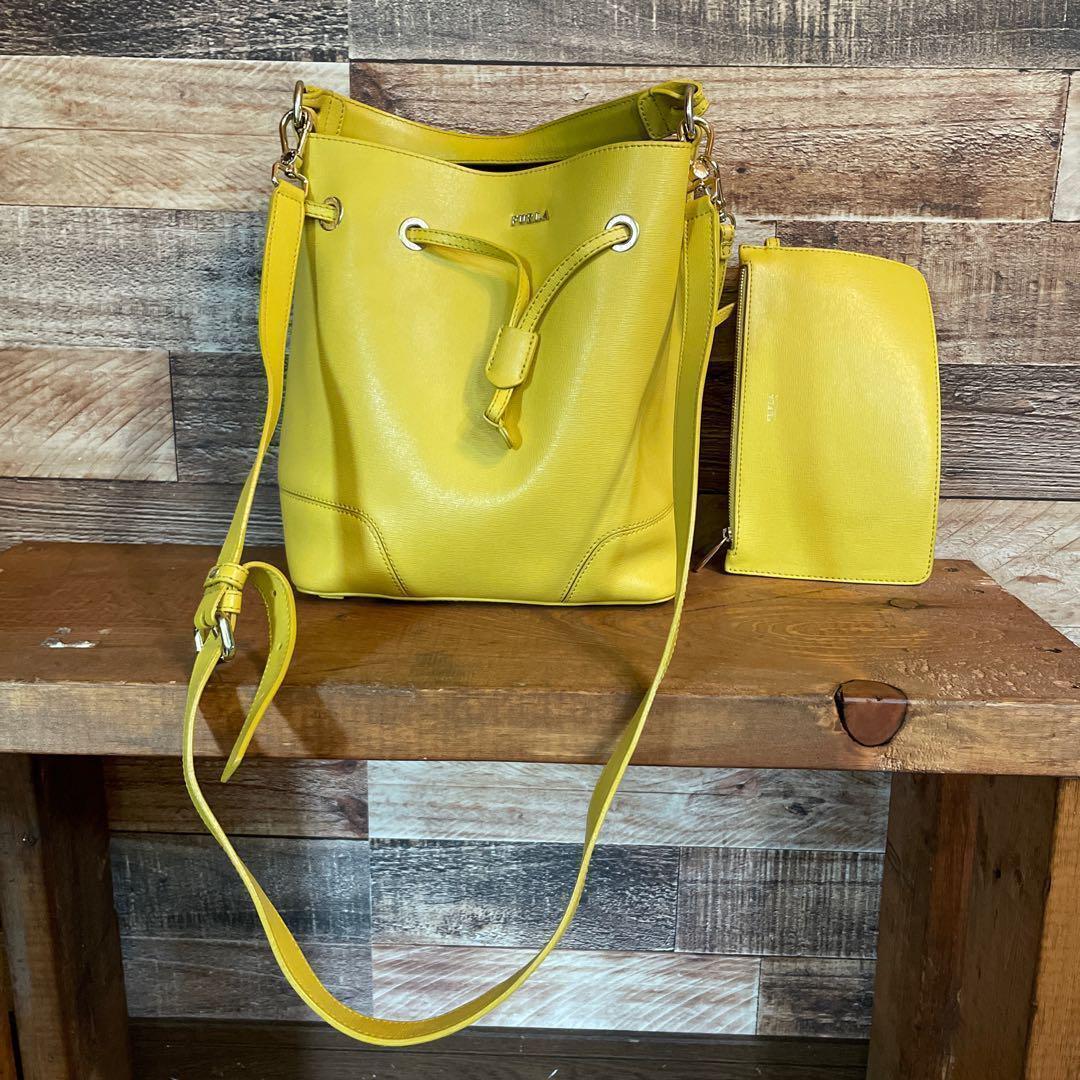 Furla Stacy Shoulder Bag Drawstring Yellow with Pouch Women 